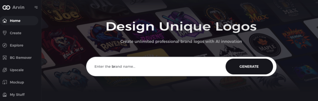 Arvin’s AI-powered logo design tool with options to create, customize, and generate professional logos effortlessly.